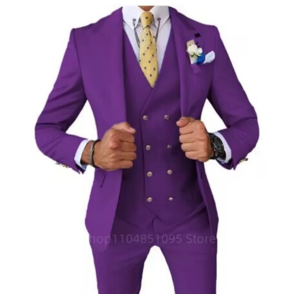 Smart Casual 3 Piece Peak Lapel Single Breasted Wedding Suit for Men Fashion Formal Best Man Groom Tuxedo Slim Fit Costume Homme