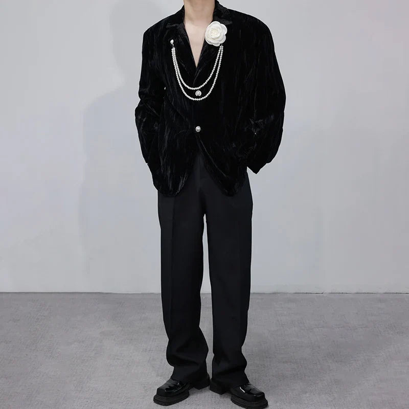 Luxury Elegant Handsome Blazer Coat Men's Original Niche Three-dimensional Pearl Chain Stylish Solid Color Jacket JY4431