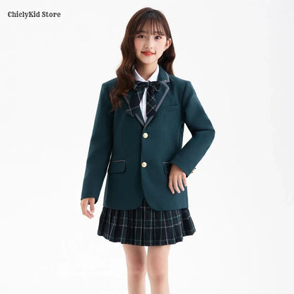 Boys Green Blazers Pants School Uniform Girls Jacket Skirt Shirt Tie Suits Kids Formal Dress Tuxedo Children Student Clothes Set