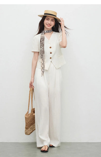 Commute V-Neck Short Sleeve Blazer Top Women 2026 Summer Fashion Color Block Wooden Button Slim Fit Jacket Q62XC7391