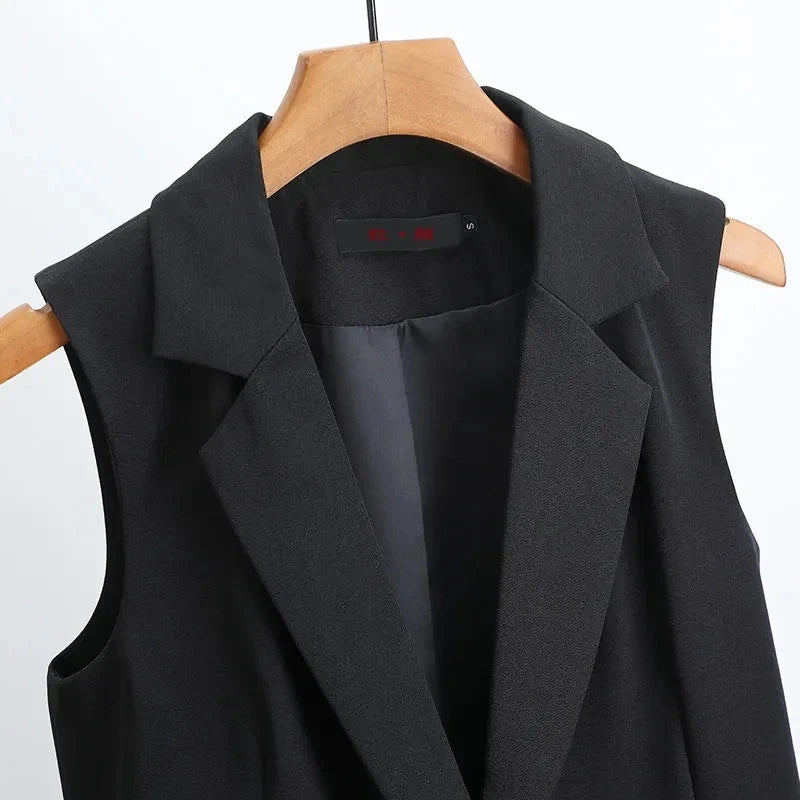 Autumn New Casual Lined Blazer Vest For Women Korean Loose Single Buckle Sleeveless Suit Coat Female Waistcoat Black Vest