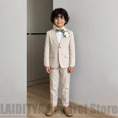 Fashion Boys Linen Suit Set Blazer Pants Bow Tie Kids Formal Outfit Chic Wedding Flower Boy Birthday Party Costume 2 Piece