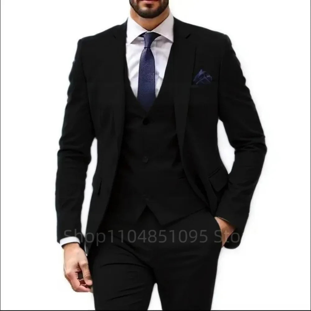 Costume de mariage formel trois pièces pour homme, avec revers crantés, veste unie, gilet et pantalon, pour soirée de bal, décontracté ou affaires
