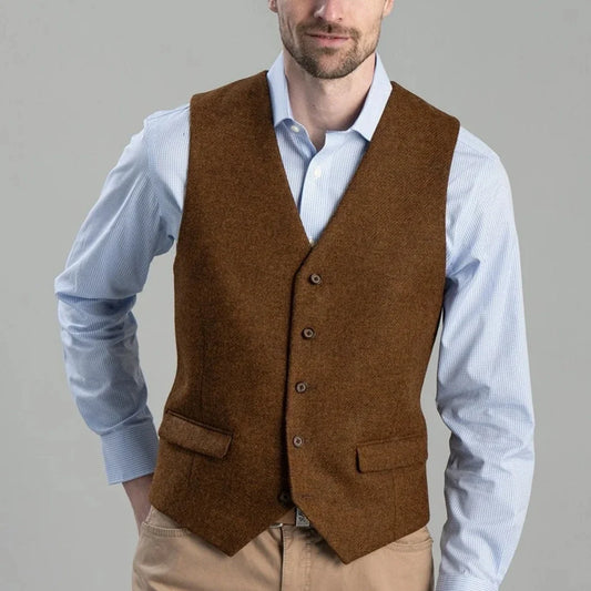 Men's Herringbone Vest Single Breasted Waistcoat for Weddings and Formal Occasions
