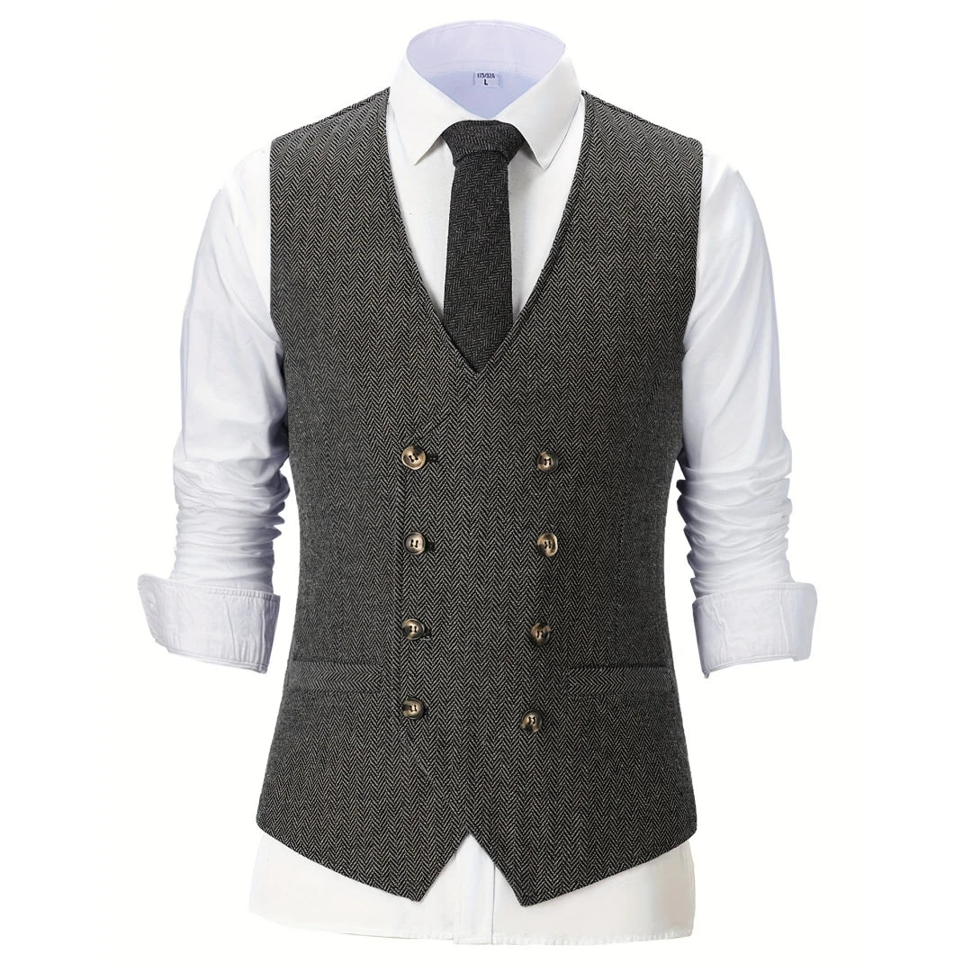 Men Vest Champagne Herringbone Double Breasted V-Neck Waistcoat for Wedding & Business