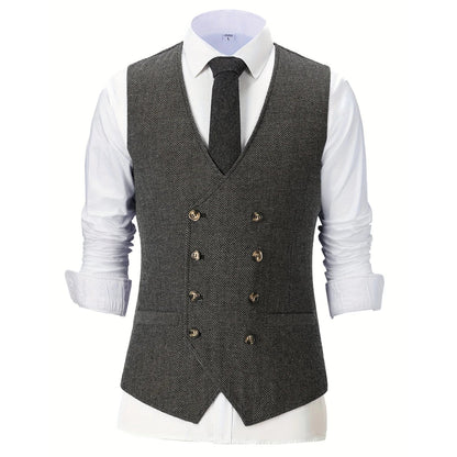Men Vest Champagne Herringbone Double Breasted V-Neck Waistcoat for Wedding & Business