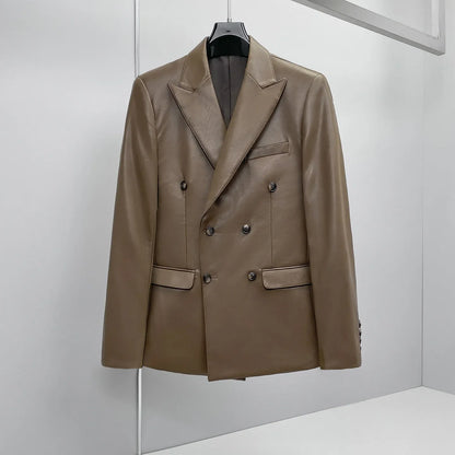 Brand Spring  Autumn Men's Double Breasted Leather Suit Jacket Casual Business Leather Blazers Wedding Groom Social Banquet Coat