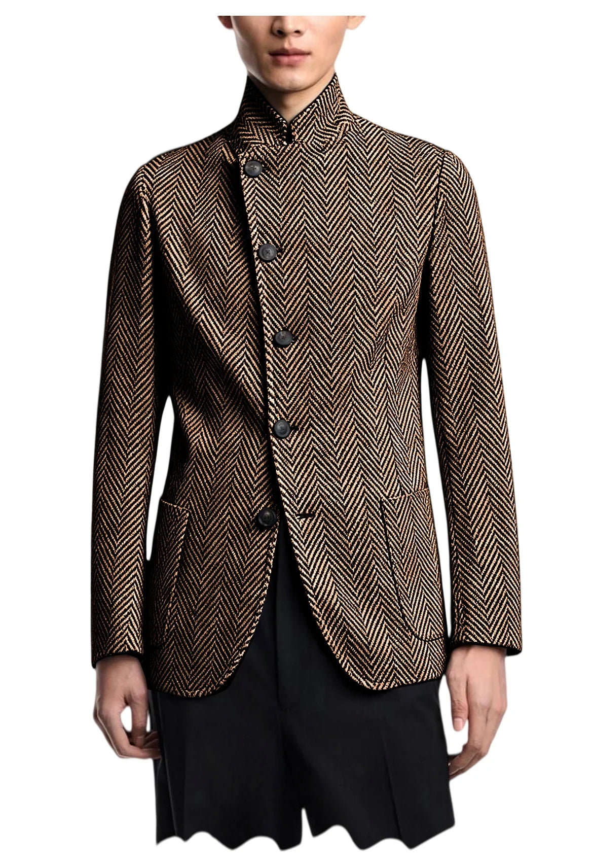 Men's Herringbone Tweed Blazer Stand Collar Slim Fit Business Casual Suit Jacket Spring Daily Commute Lightweight Sport Coat