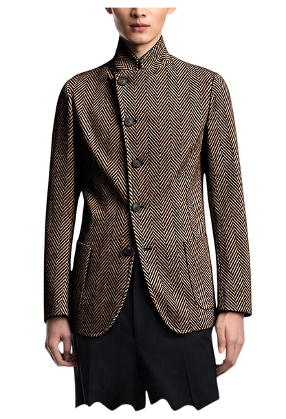 Men's Herringbone Tweed Blazer Stand Collar Slim Fit Business Casual Suit Jacket Spring Daily Commute Lightweight Sport Coat
