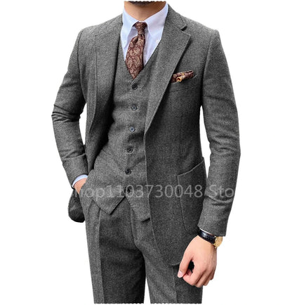 Slim Fit Blue Mens Tweed Herringbone Wedding Suit Prom Groom Tuxedos 3 Piece Notch Lapel Tweed for Business(Blazer+Vest+Pants)