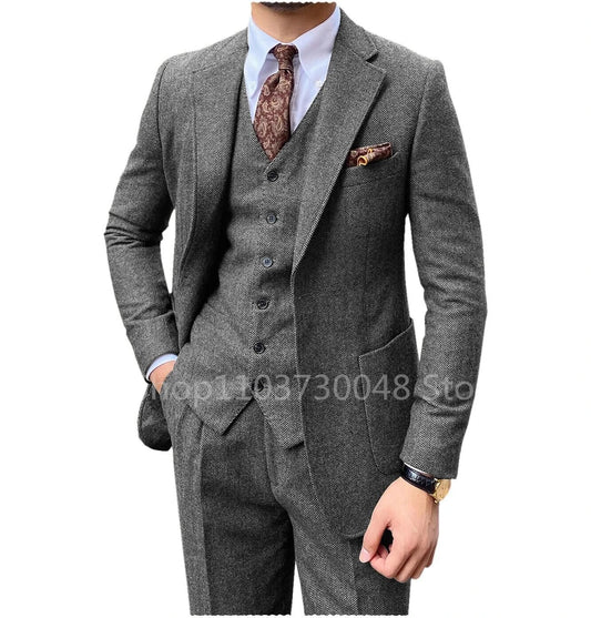 Slim Fit Blue Mens Tweed Herringbone Wedding Suit Prom Groom Tuxedos 3 Piece Notch Lapel Tweed for Business(Blazer+Vest+Pants)