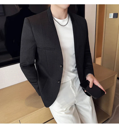 The New Chinese Style Collarless Suit Is Fashionable, Handsome and Versatile. It Is a Solid-Color Korean-Style Fitted and Fashio
