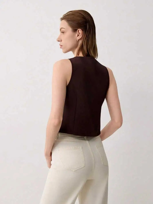 Women's V Neck Solid Color Vest Top with Belted,Sleeveless Waistcoat for Summer