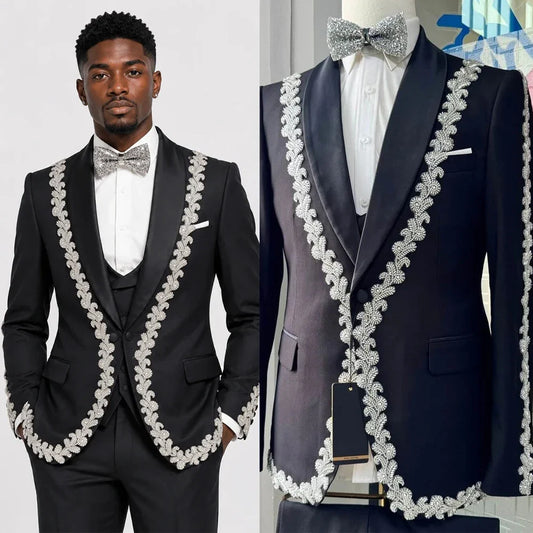 Leisure Men's Suit 2 Pieces Appliques Lapel Blazer Pants Bow Collar Wedding Tuxedos Work Business Formal Customized M6257