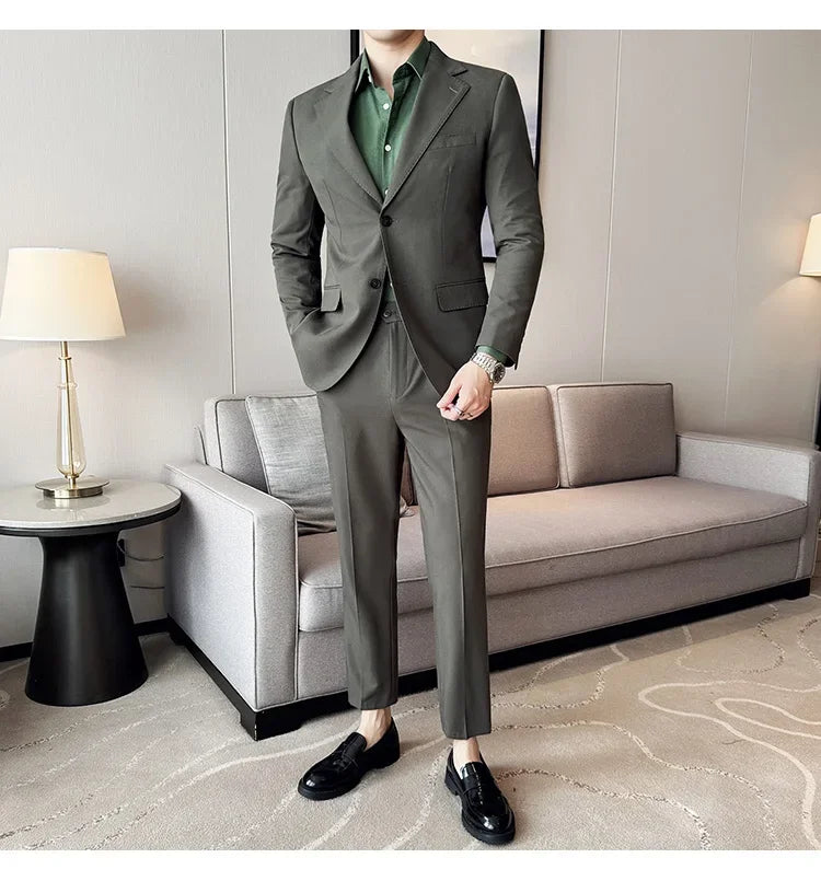 Tencel High Tech Fabric Men Spring Summer Thin Suits 2 Pieces (jacket+pants) Business Casual Office Wedding Groom Dress Suit