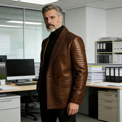 Men's Crocodile Embossed Leather Blazer Double Breasted Business Casual Brown Jacket Office Wear Formal Plus Size  Suit Coat