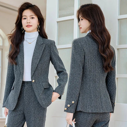 Fashion Women Suits 2024 New Autumn Winter Temprament Business Formal Slim Blazer And Flare Pants Office Ladies Work Wear