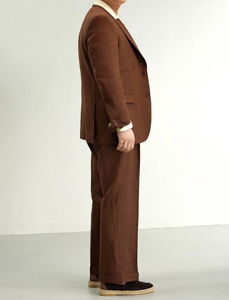 Men Retro Linen Suit Set Notched Collar Thin Business Casual Blazers Two Piece Set Lace Up Long Pant Full Length Trousers Outfit