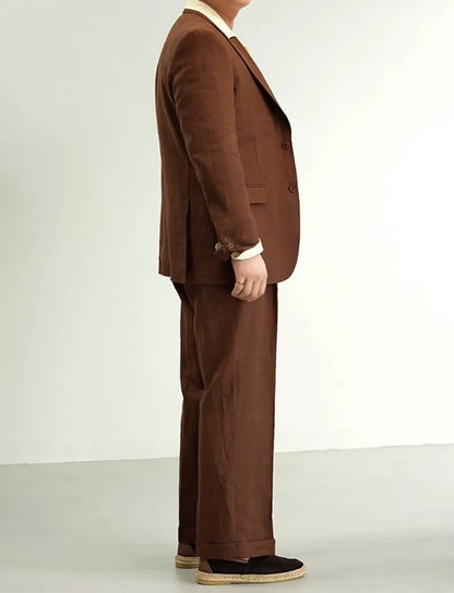 Men Retro Linen Suit Set Notched Collar Thin Business Casual Blazers Two Piece Set Lace Up Long Pant Full Length Trousers Outfit