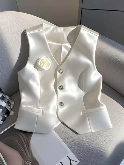 New Satin White Jacket Vest V-neck Single Breasted Slim Fit Short Coats Elegant Women Office Lady Temperament Tops Spring Summer