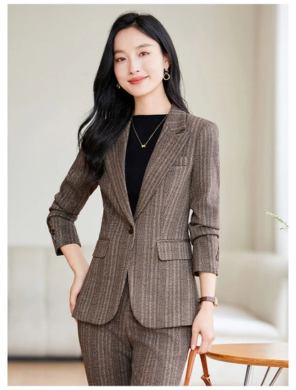 Gray Coffee Striped Ladies Formal Pant Suit Set Women Female Business Work Wear Long Sleeve 2 Piece Blazer Jacket And Trouser