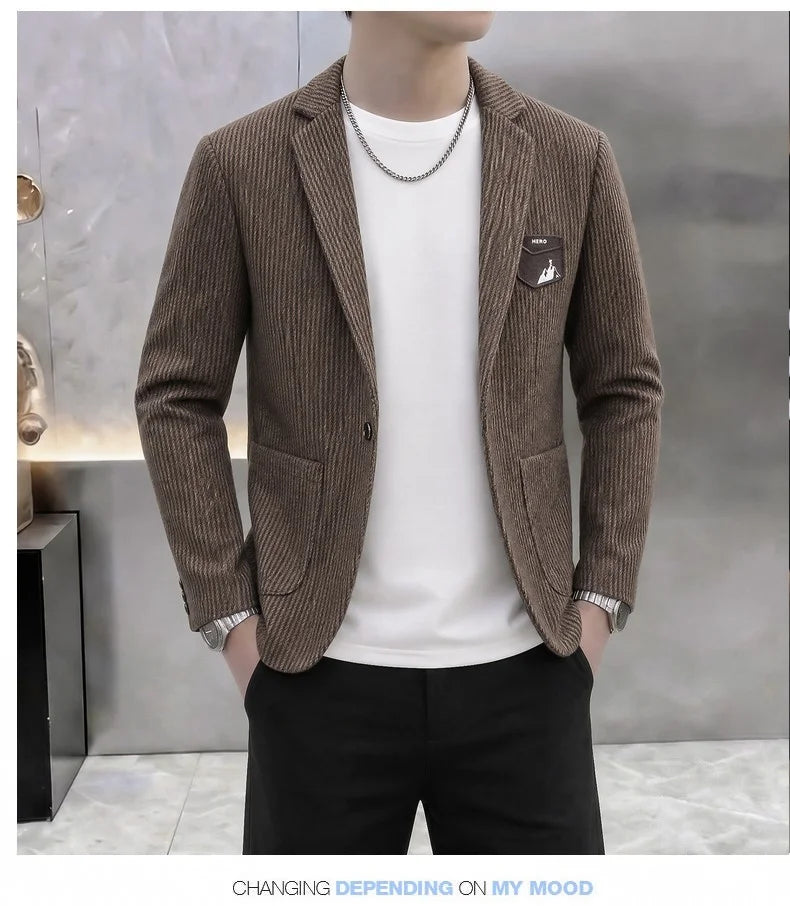 Autumn Winter Suit Jacket Men's Korean Slim Fit Striped Casual Blazers Wedding Business Streetwear Social Dress Jackets 2026