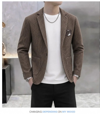 Autumn Winter Suit Jacket Men's Korean Slim Fit Striped Casual Blazers Wedding Business Streetwear Social Dress Jackets 2026