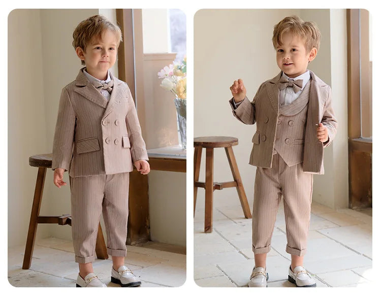 Boys Formal Khaki Tuxedo Dress School Performance Clothing Set Kids Wedding Photography Suit Children Birthday Gift Set Costume