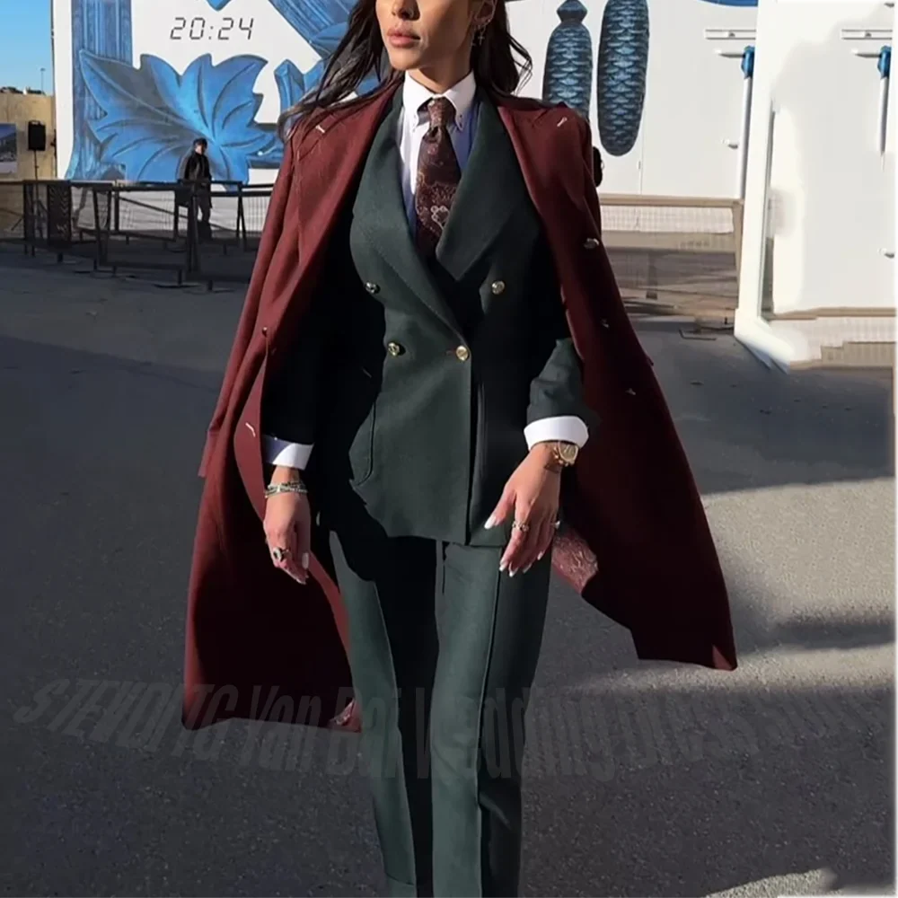 Formal Solid Suits For Women Slim Fit High Quality Peaked Lapel Double Breasted Lady Office Business Outfit Three Pieces