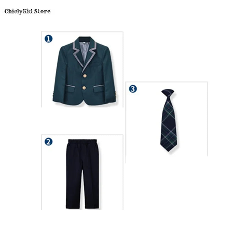 Boys Green Blazers Pants School Uniform Girls Jacket Skirt Shirt Tie Suits Kids Formal Dress Tuxedo Children Student Clothes Set