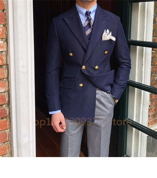 Men Double-breasted Slim Fit Blazer Jackets Solid Color Long Sleeve Lapel Business Suit Coat Outwear Brand Mens Casual Tuxedo