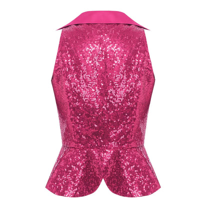 Womens Sequin Vest Lapel Sparkly Cosutme Sleeveless Vests Nightclub Jazz Dance Party Dressy Tops Rave Music Festival Waistcoat