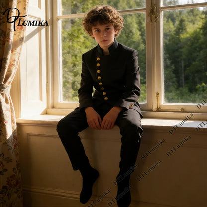 Boys Suit Set Mandarin Collar Tuxedo with Gold Buttons for Weddings and Formal Occasions