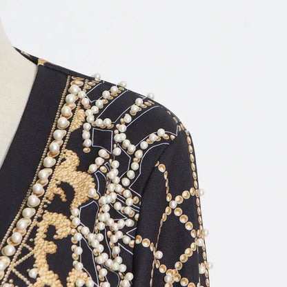 Autumn New Women's Elegant Fashion Luxury Heavy Craft Beaded Printed Coat Stylish V-neck Long Sleeve High-end Blazer HK8297