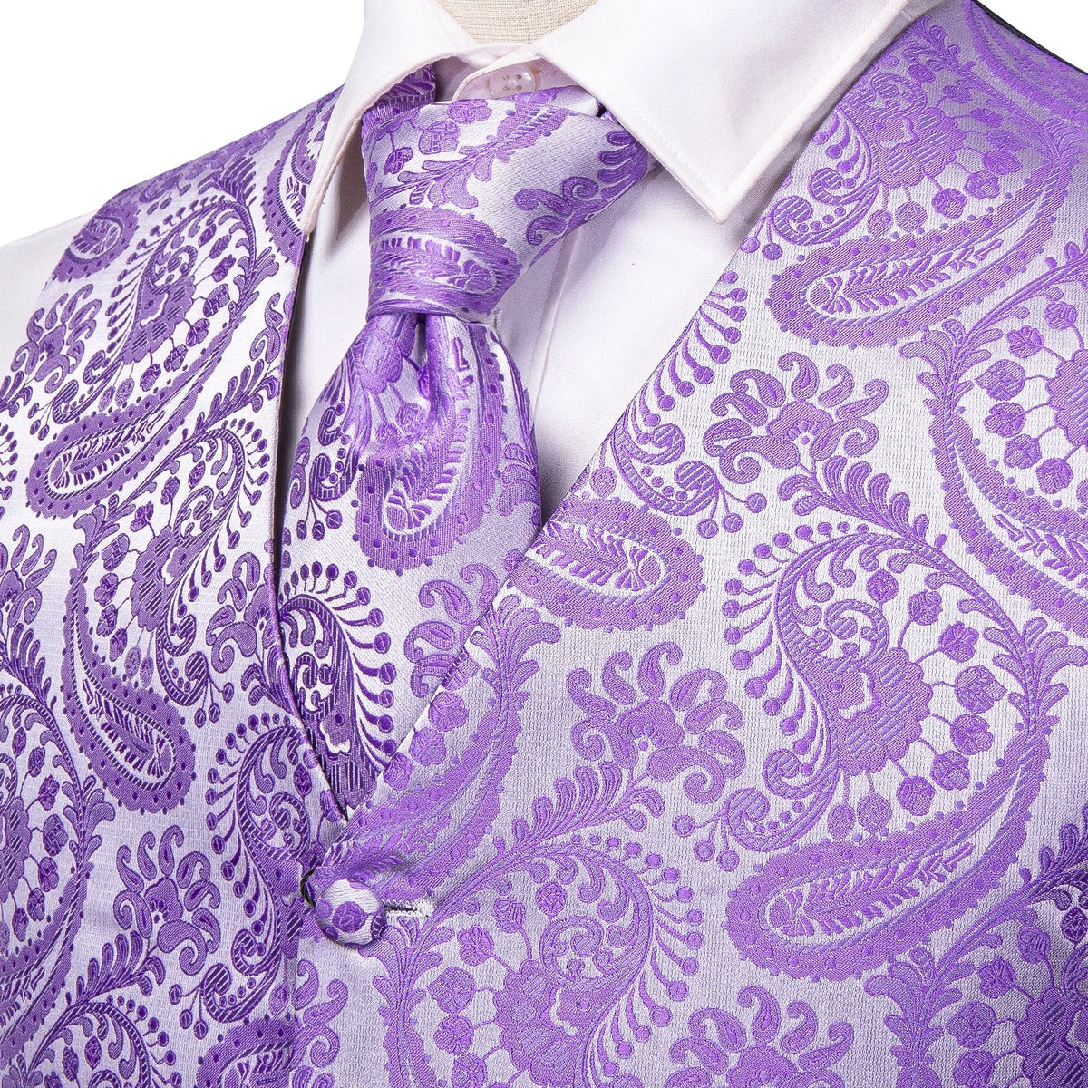 Men's Jacquard Floral Waistcoat Set with Tie, Pocket Square & Cufflinks – Purple Paisley, Wedding & Business
