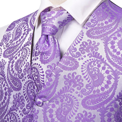 Men's Jacquard Floral Waistcoat Set with Tie, Pocket Square & Cufflinks – Purple Paisley, Wedding & Business
