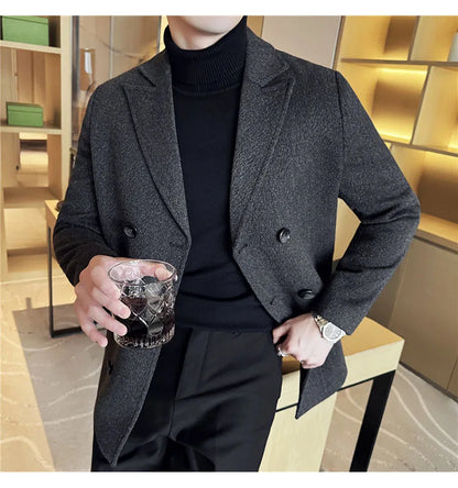 British Style Winter Double Breasted Woolen Suit Jackets Men Thick Warm Wedding Business Blazers Solid Color Casual Dress Coat