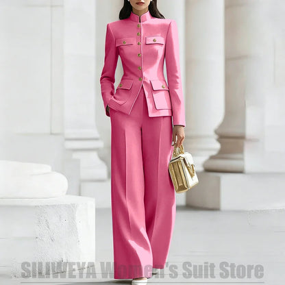 Women's Ivory Suit Mandarin Collar 2 Piece Military Style Gold Buttons Blazer Wide Leg Pants Wedding Party Prom Lady Suits