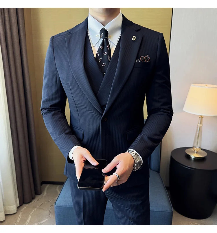 (Jackets+Pants+Vest) Luxury Stripe Men Suit Korean Version Fashion Elegant Slim Fit Tuxedo Formal Groom Wedding Social Suits