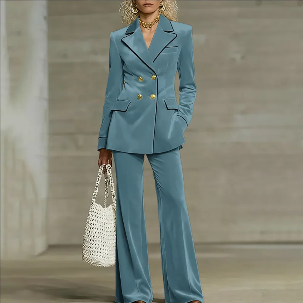 Luxury Women Yellow Velvet Clothing Double-Breasted Blazer+Pants Sets Elegant Winter Daily Suit Slim Fit Office Outerwears