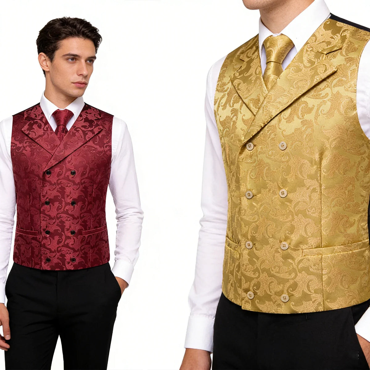 Men's Floral Jacquard Waistcoat Set – Golden Yellow Red Single Breasted Vest for Tuxedo, Gala & Special Occasions