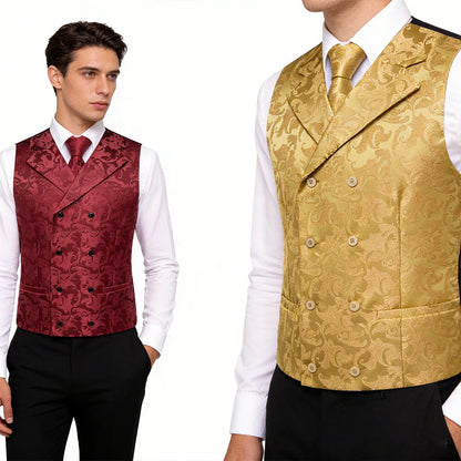Men's Floral Jacquard Waistcoat Set – Golden Yellow Red Single Breasted Vest for Tuxedo, Gala & Special Occasions