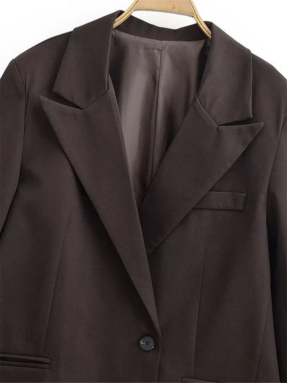 Autumn Women Fashion Solid Blazer Female High Street Pockets Turn-down Collar Single Button Commuter Casual Long Sleeve Coat