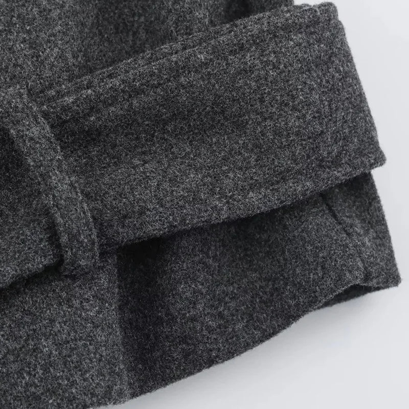 Women Blazer Coat Elegant Chic Dark Style Design Double Breasted Sashes Patchwork Solid Color Loose Woolen Overcoat HK27262