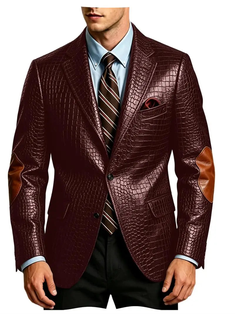 Men's Crocodile Embossed Leather Brown Jacket Patchwork Lapel Collar Slim Fit Luxury PU Blazer For Business Casual Party