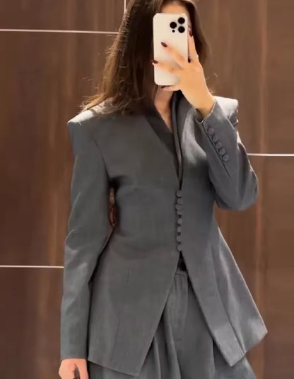 Women's Waist-Cinching Blazer, V-Neck Slim Fit, with Tie, High-End Office Jacket, Single-Button, Women's Formal Top, Commuter Blazer