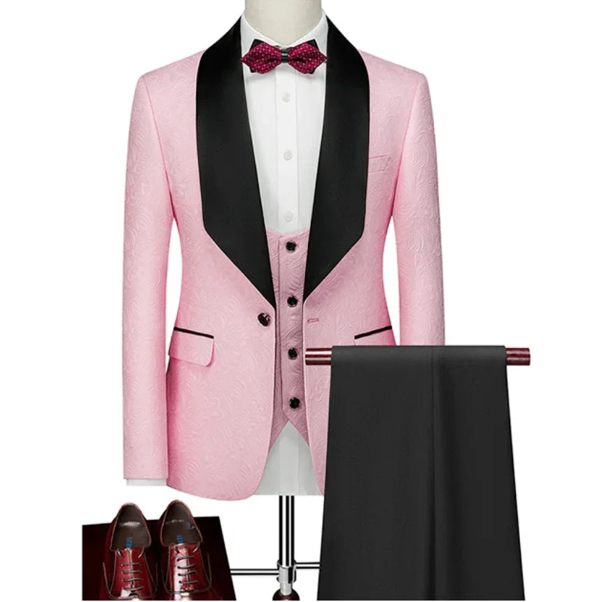Men wedding Suits Pattern and Black Groom Tuxedos Shawl Satin Lapel Groomsmen Wedding Best Man ( Jacket+Pants+Vest)