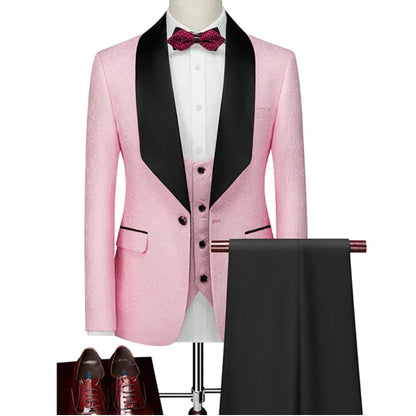 Men wedding Suits Pattern and Black Groom Tuxedos Shawl Satin Lapel Groomsmen Wedding Best Man ( Jacket+Pants+Vest)