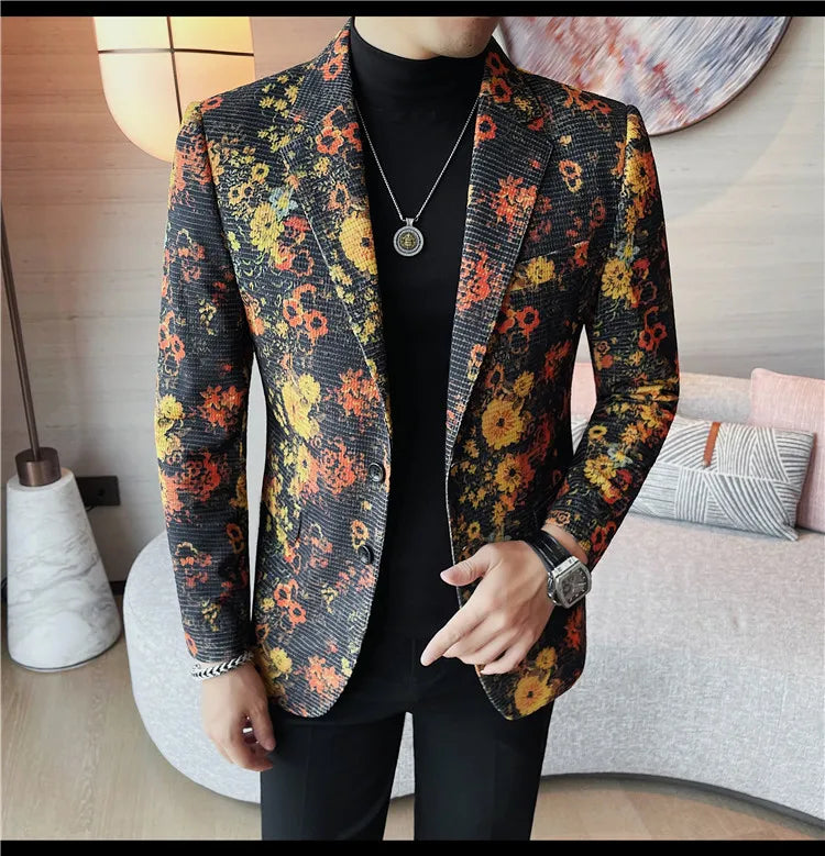 Luxury Art Jacquard Suit Jacket for Men Korean Version Business Casual Blazers Slim Fit Wedding Groom Social Dress Coats M-4XL