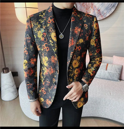 Luxury Art Jacquard Suit Jacket for Men Korean Version Business Casual Blazers Slim Fit Wedding Groom Social Dress Coats M-4XL